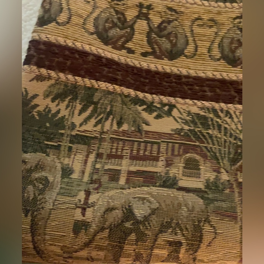 Vintage Chenille Monkeys & Elephants Heavy Tapestry Fabric in Green & Brown